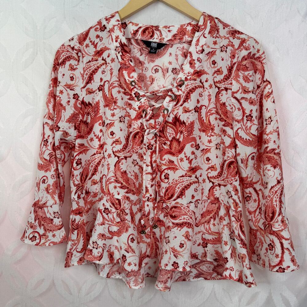One World Red Paisley Lace-Up Women’s Top - Picture 2 of 6